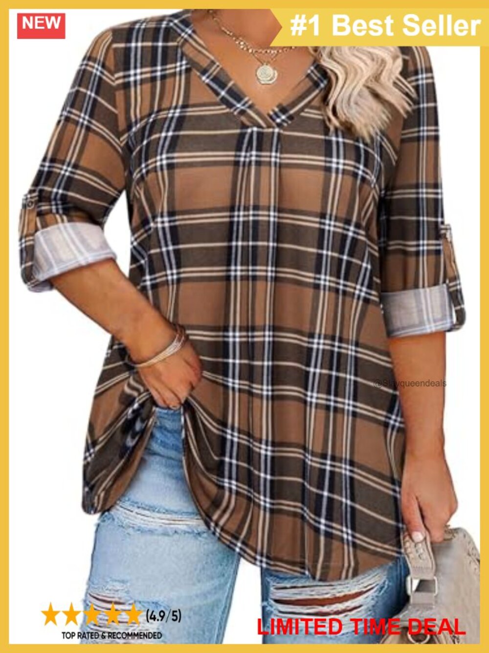 Plus Size 3/4 Sleeve V Neck Tunic Top Women's Blouse